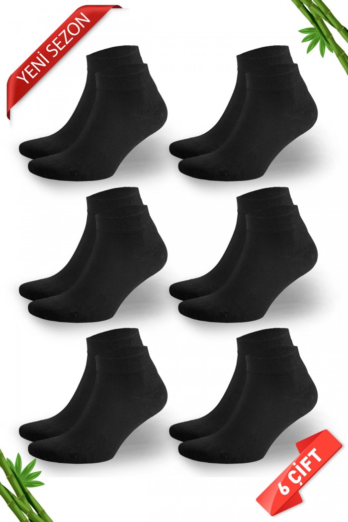 Siyah Renk Yazlık Kadın Bambu Patik Çorap 6'lı Set - 10553-S