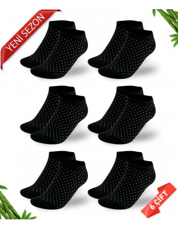 Simli Nokta Desenli Siyah Renk Kadın Bambu Patik Çorap 6lı Set - 36 - 40 - 10559-SYH-Noktali