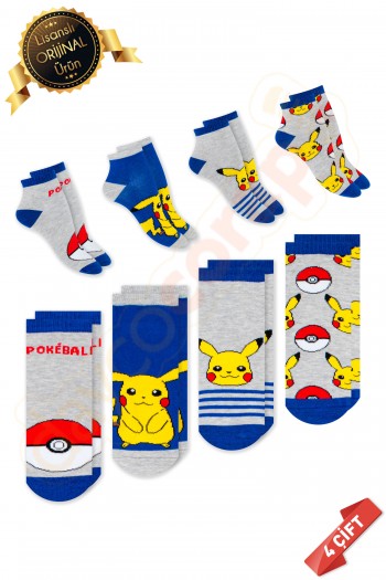 Orijinal Lisanslı Pokemon Temalı Pikachu Desenli Patik Çorap 4lü Karışık Paket - DL15610689-PKM-PTK-35-38