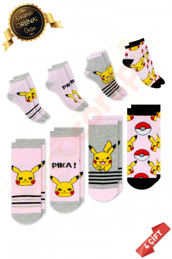 Orijinal Lisanslı Pokemon Temalı Pikachu Desenli Patik Çorap 4lü Karışık Paket - DL15610690-PKP-PTK-35-38