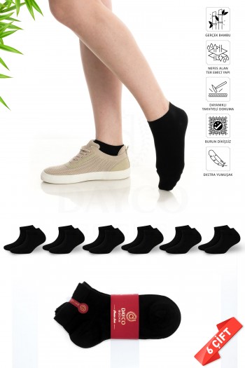 Siyah Renk Yazlık Kadın Bambu Patik Çorap 6'lı Set - 10553-S