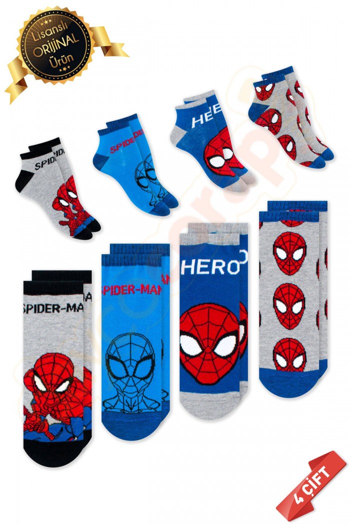 Orijinal Lisanlı Spiderman Desenli Patik Çorap 4lü Karışık Paket - DL15610716-SPDR-PTK-31-34