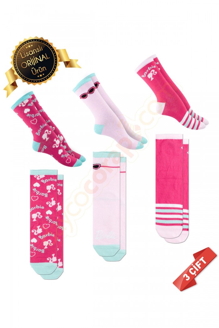 Orijinal Lisanslı Barbie Desenli Soket Çorap 3lü Asorti - DL15610713-BARBIE-31-34