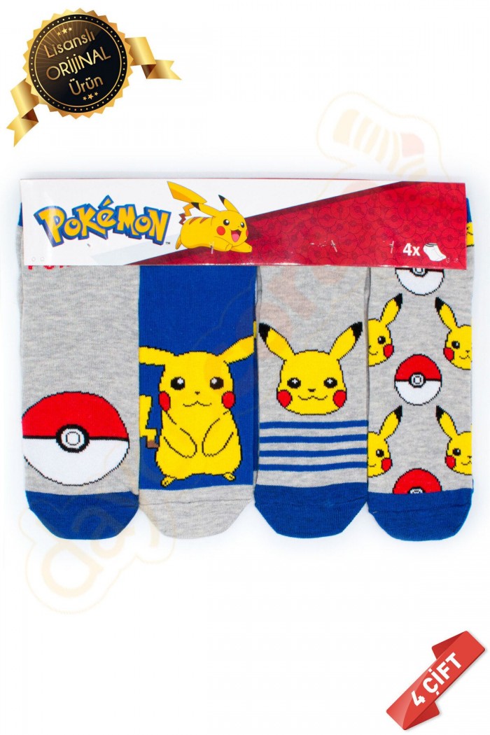 Orijinal Lisanslı Pokemon Temalı Pikachu Desenli Patik Çorap 4lü Karışık Paket - DL15610689-PKM-PTK-23-26
