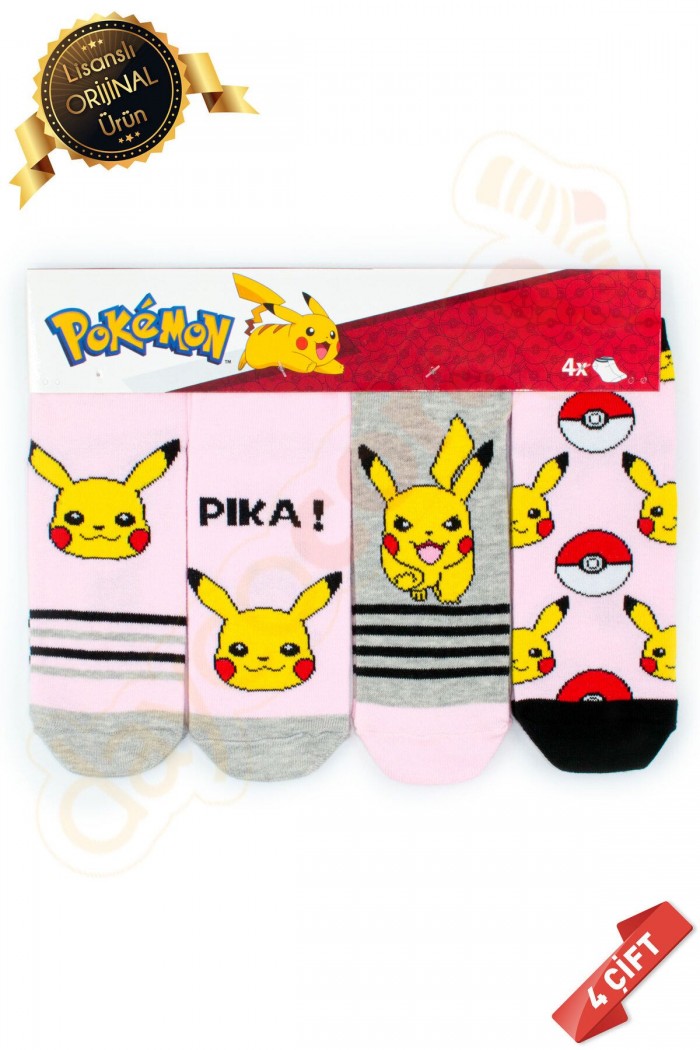 Orijinal Lisanslı Pokemon Temalı Pikachu Desenli Patik Çorap 4lü Karışık Paket - DL15610690-PKP-PTK-23-26