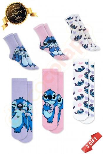 Orijinal Lisanslı Stitch Desenli Soket Çorap 3lü Karışık Paket - DL15610722-STC-SKT-35-38