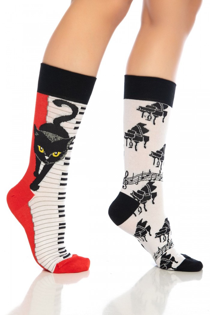 Piyano Çalan Kedi Desenli Renkli Çorap Soket - 705-Kedi-43-46-SKT