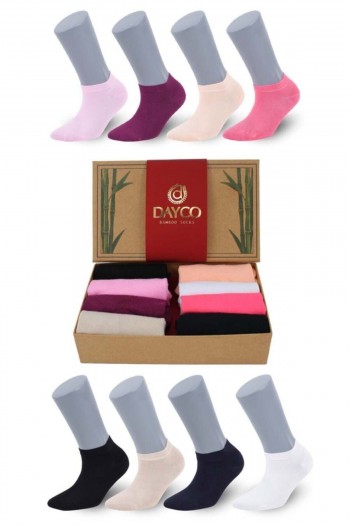 Renkli Kadın Bambu Patik Çorap 8'li Asorti Set Hediyelik Kutulu - 558