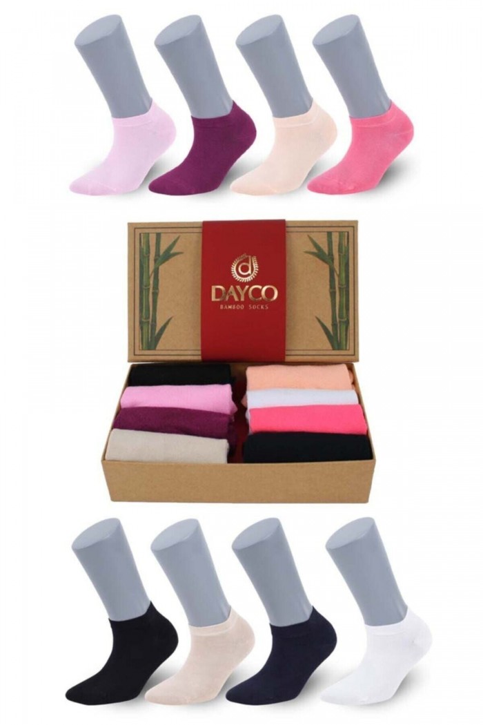 Renkli Kadın Bambu Patik Çorap 8'li Asorti Set Hediyelik Kutulu - 558