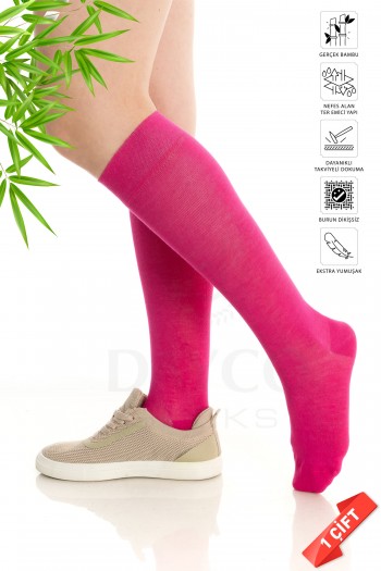 Premium Dikişsiz Pembe / Fuşya Renk Bambu Kadın Diz Altı Çorap - 35-38 - 391-FUSYA-35-38