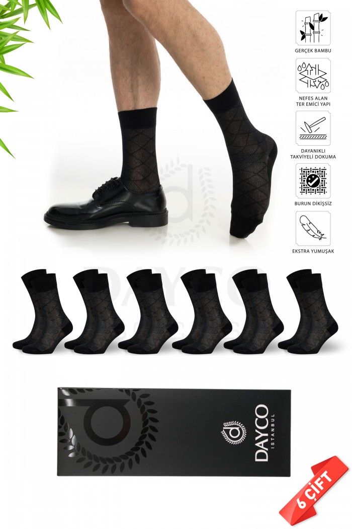 Jakarlı Siyah Renk Yazlık Erkek Bambu Çorap 6'lı Set - 10201