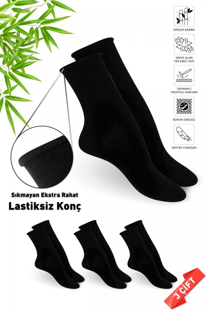 Premium Lastiksiz Sıkma Yapmayan Siyah Renk Dikişsiz Kadın Bambu Soket Çorap - 36-40 - 371SYH-3LU