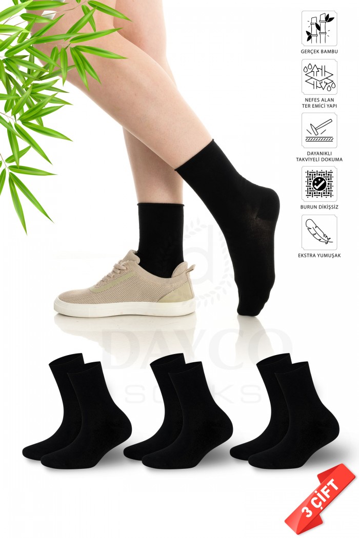 Premium Lastiksiz Sıkma Yapmayan Siyah Renk Dikişsiz Kadın Bambu Soket Çorap - 36-40 - 371SYH-3LU