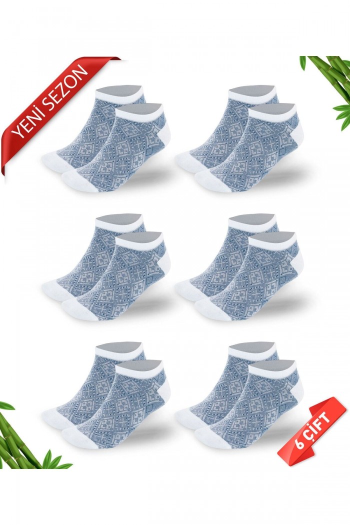 Mavi Retro Desenli Kadın Bambu Patik  Çorap 6lı Set - 36-40 - 10558-Retro