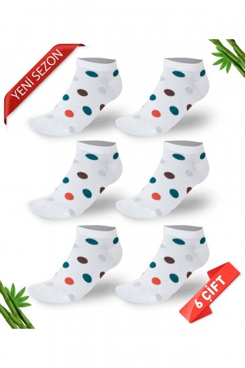 Sim Detaylı Puantiyeli Kadın Bambu Patik  Çorap 6'lı Set - 36 - 40 - 10554