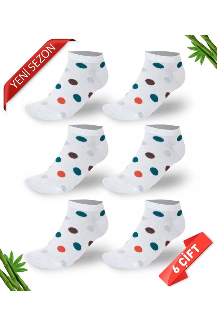 Sim Detaylı Puantiyeli Kadın Bambu Patik  Çorap 6'lı Set - 36 - 40 - 10554
