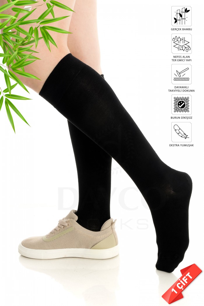 Siyah Renk Premium Bambu Dikişsiz Kadın Dizaltı Çorap(1 çift) - 388-SYH-39-42