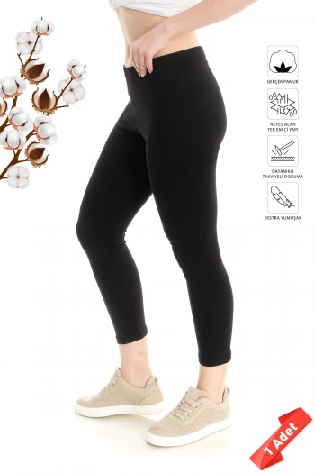 Premium Siyah Renk Pamuk Yüksek Bel Tayt Tekli - TYT102-SYH-S