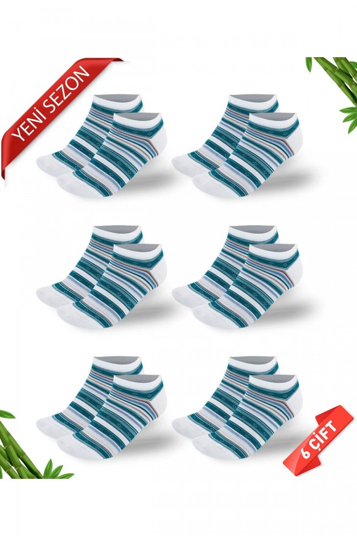  Sim Detaylı Çizgi Desenli Kadın Bambu Patik Çorap 6lı Set - 36-40 - 10557-Cizgili