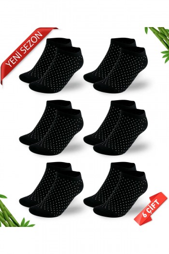 Simli Nokta Desenli Siyah Renk Kadın Bambu Patik Çorap 6lı Set - 36 - 40 - 10559-SYH-Noktali