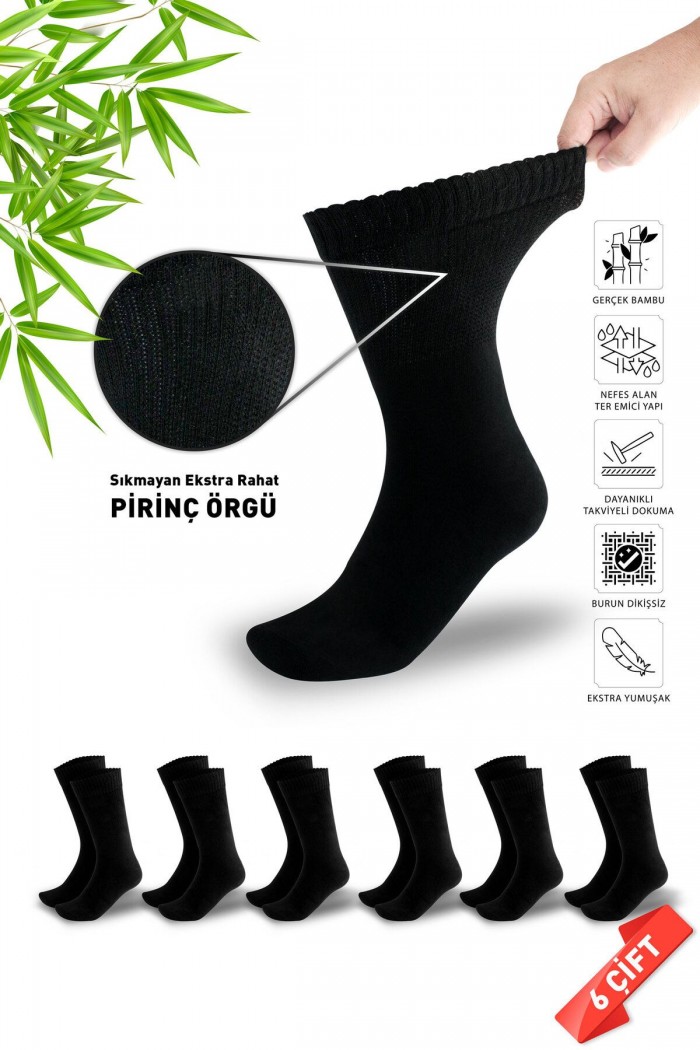 Siyah Renk Erkek Diyabetik Kışlık Bambu Soket Çorap 6lı Set - 903 - 41-45