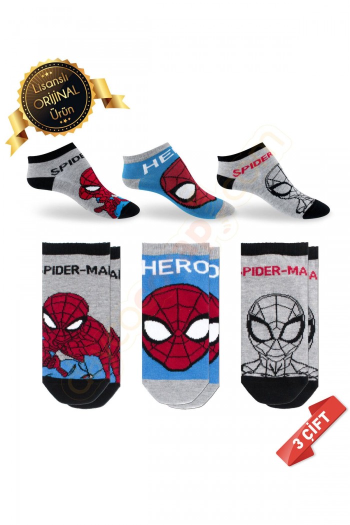 Orijinal Lisanslı Spiderman Desenli Patik Çorap 3lü Asorti-DL15610687-SPDR-31-34