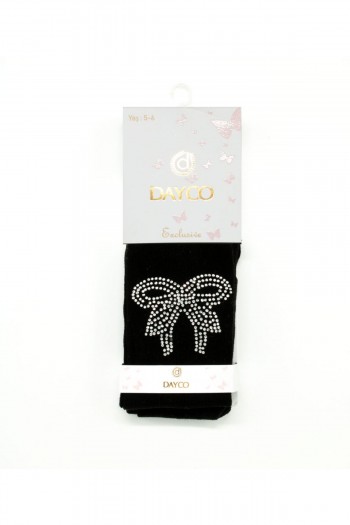 Taş Işlemeli Fiyonk Desenli Siyah Çocuk Külotlu Çorap